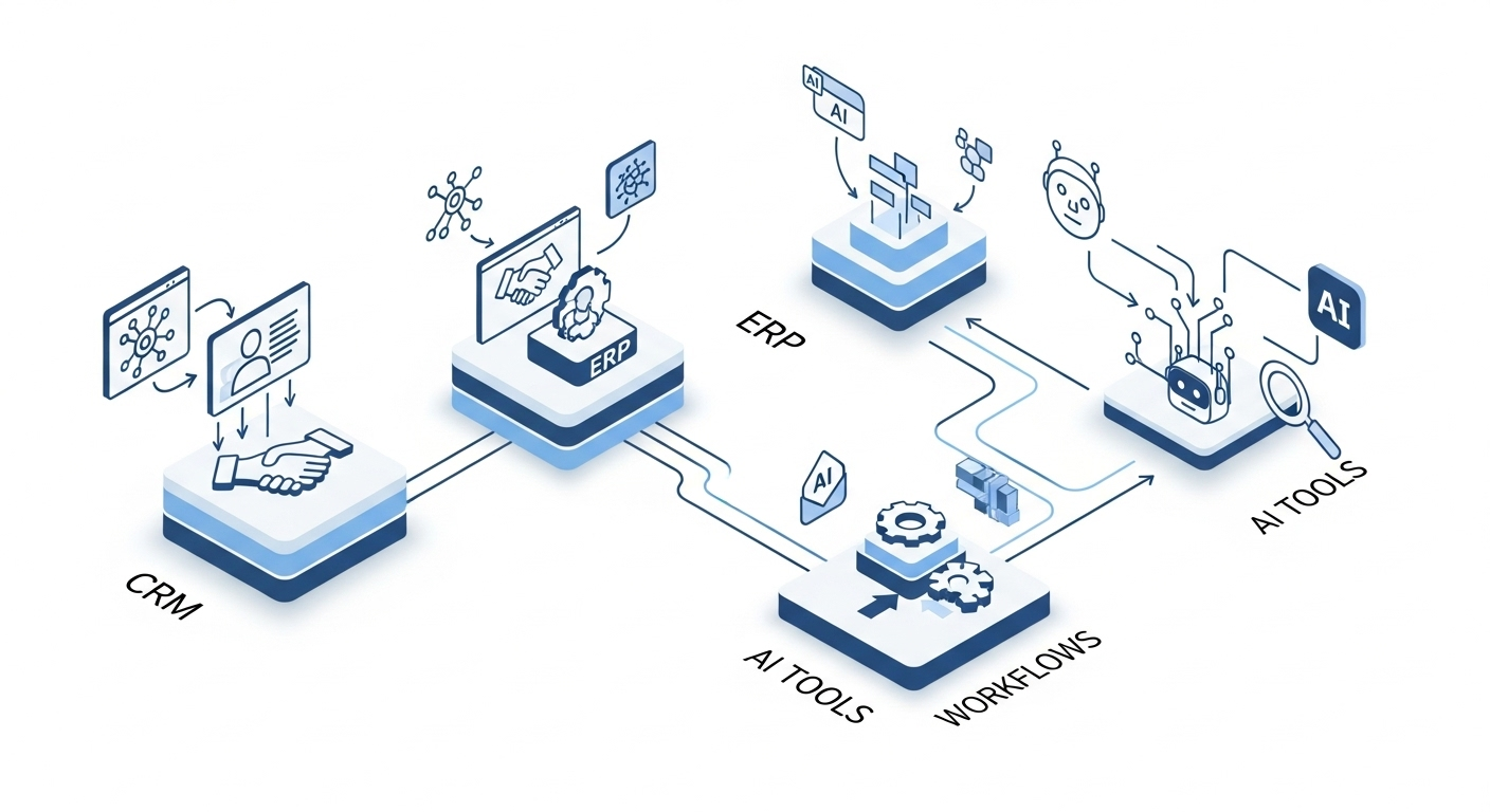 Schéma d'intégration technologique - CRM, ERP, IA et workflows